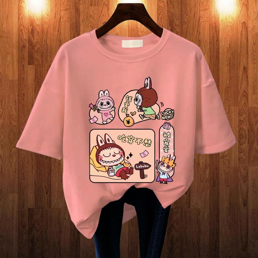 2025 Popular Children's Clothing Short Sleeved LABUBU Rest Holiday Pattern Round Neck T-shirt Cartoon Style Girl's Top