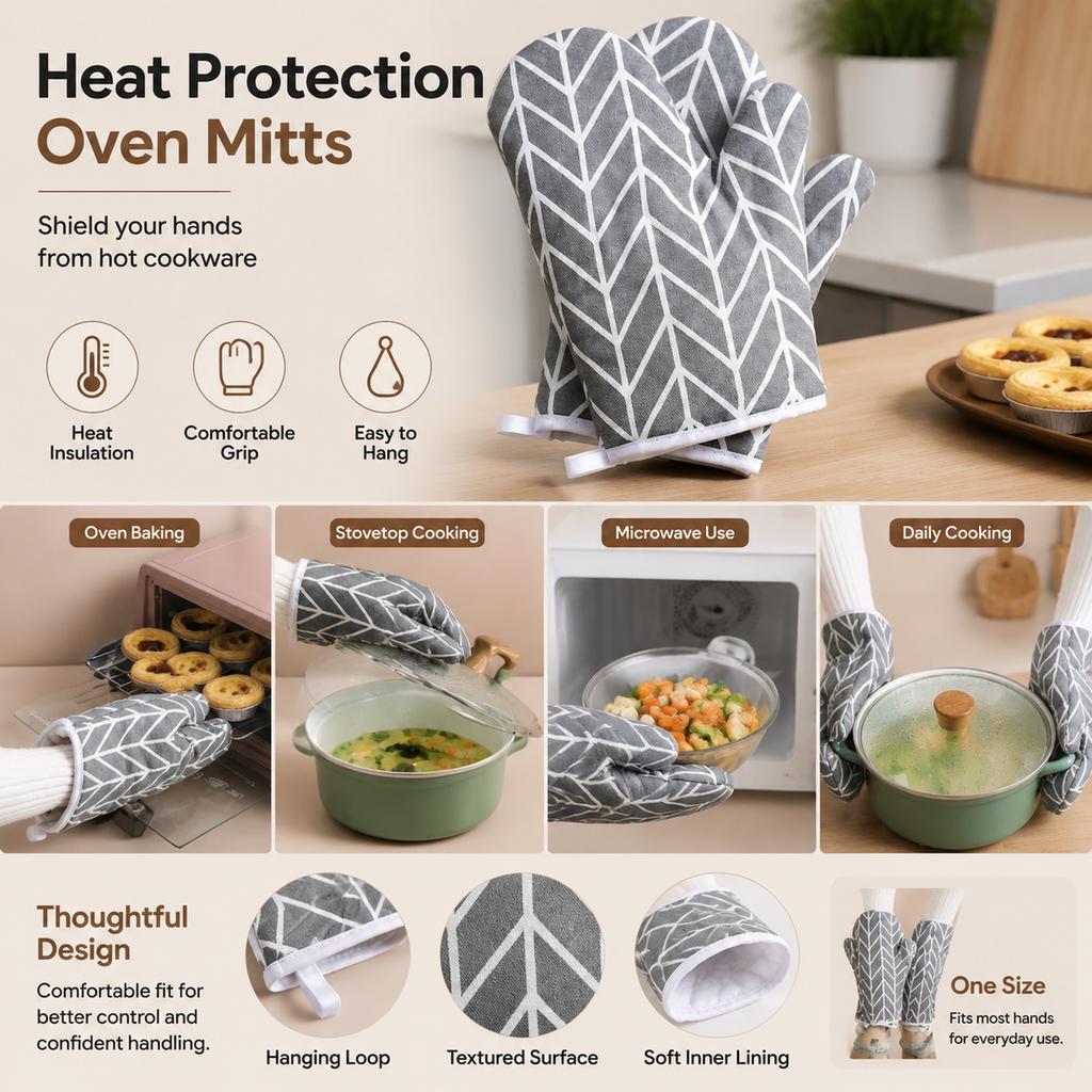 Oven Mitts Pair, Gray White Chevron Heat Resistant Kitchen Gloves for Baking, Cooking, Microwave and Hot Cookware Handling