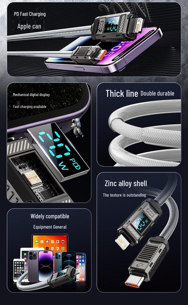 Toocki Zinc Alloy 20W Fast Charging Cable with Digital Display for Apple 14/13