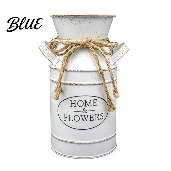 Farmhouse Style Flower Vase Vintage Iron Can Bucket Double-Handle Metal with Jute Bow