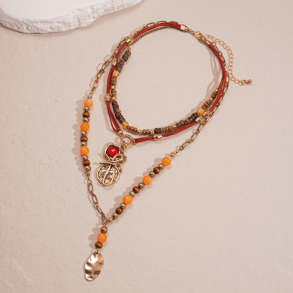 Retro wood bead leaf bow multi-layer necklace niche ethnic style necklace decoration