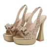 Fashion New Bling Sequined Elastic Band Back Strap Thick High Heels Women Sandals Sexy Peep Toe Platform Chunky Bowknot Party Shoes