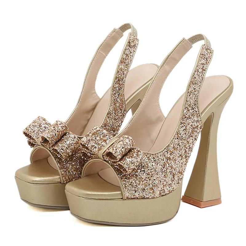 Fashion New Bling Sequined Elastic Band Back Strap Thick High Heels Women Sandals Sexy Peep Toe Platform Chunky Bowknot Party Shoes