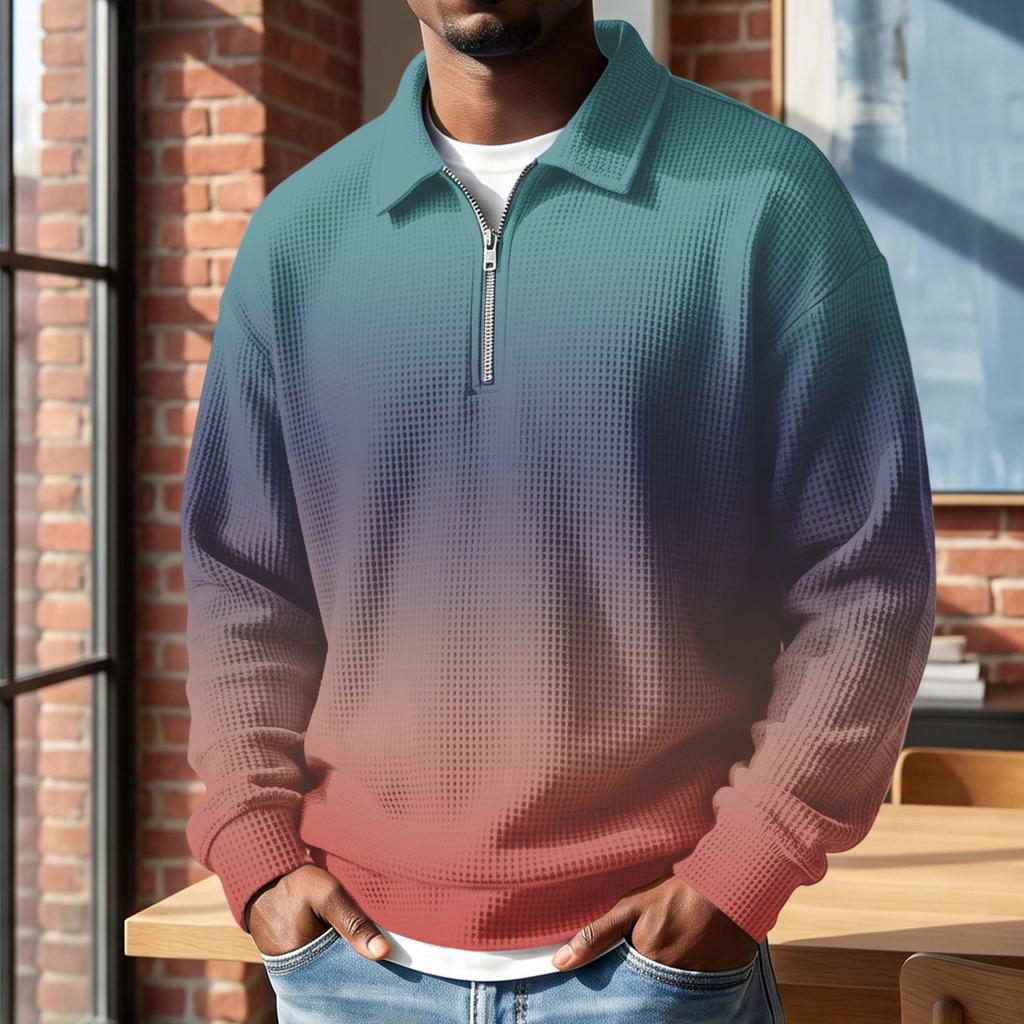 Men's Retro Half-Zip Collared Long Sleeve Gradient Print Casual Pullover Top for Everyday Wear