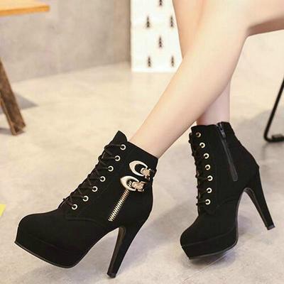 Übergröße Stiefeletten Damen Plateau High Heels Damen Schnürschuhe Frau Schnalle Kurzer Stiefel Lässige Damen Schuhe Dropship358
