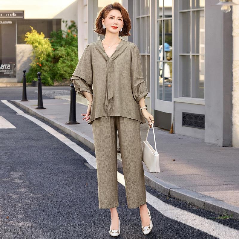 

2026 Summer Casual Two-Piece Set for Middle-Aged Women – Seven-Sleeve Wide-Leg Style XL