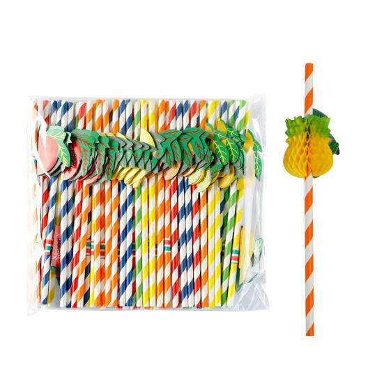 Honeycomb Fruit Paper Straws, Tropical Pineapple Orange Decor Straws for Summer Party, Disposable Drink Straws for Juice