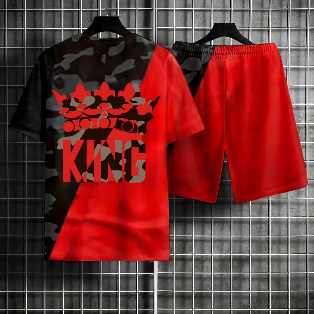 Herr Sommar Casual Kortärmad och Shorts Set Krona Grafik och 'king' Bokstavstryck T-shirt och Casual Snörshorts Set