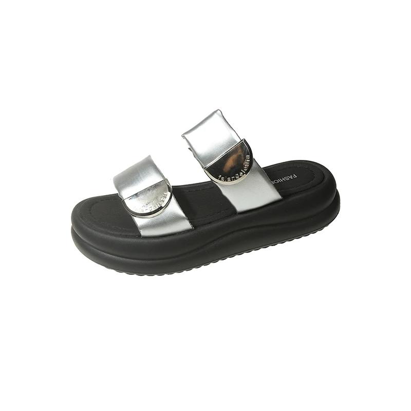 

Распродажа модной женской обуви 2024 года, высококачественные женские тапочки с открытым носком, летние повседневные тапочки с металлическим украшением на твердой платформе Zapatos 40 серебряный