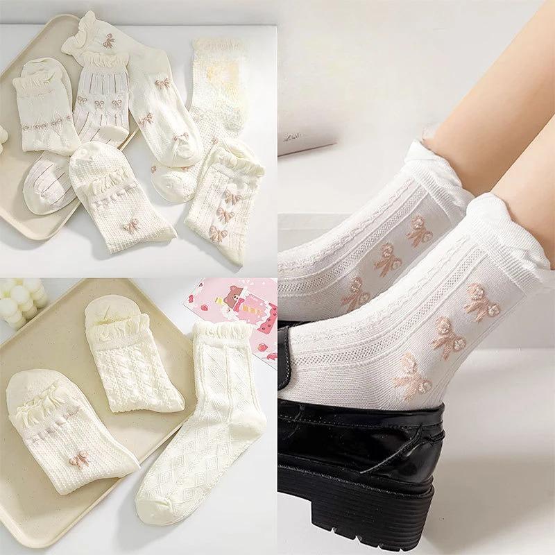 Simple White Socks Versatile Lovely Bowknot Small Flowers Women's Medium Tube Socks kawaii Harajuku jk Lolita Girls Cotton