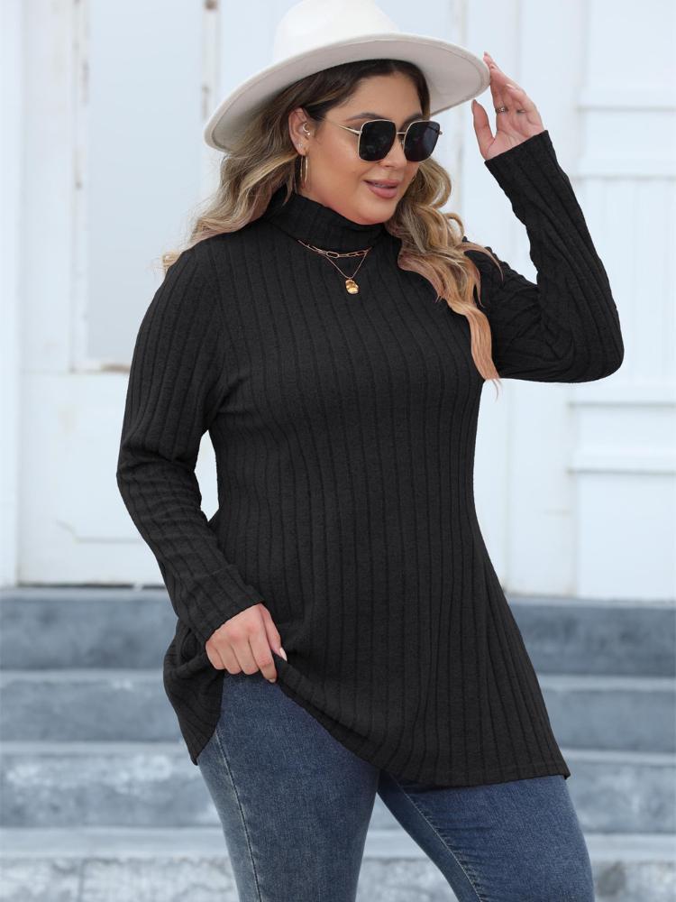 Casual Side Split Knit Long T-Shirt Women Spring Turtleneck Long Sleeve Y2K Tops Female Simple Design Vintage Streetwear Tee 2024
