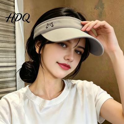 Sunshade Hat for Running Women Sun Visor Hat Open Top Breathable Ponytail Wide Cute Kitten Embroidery Cap Brim UV Protection Outdoor Sports