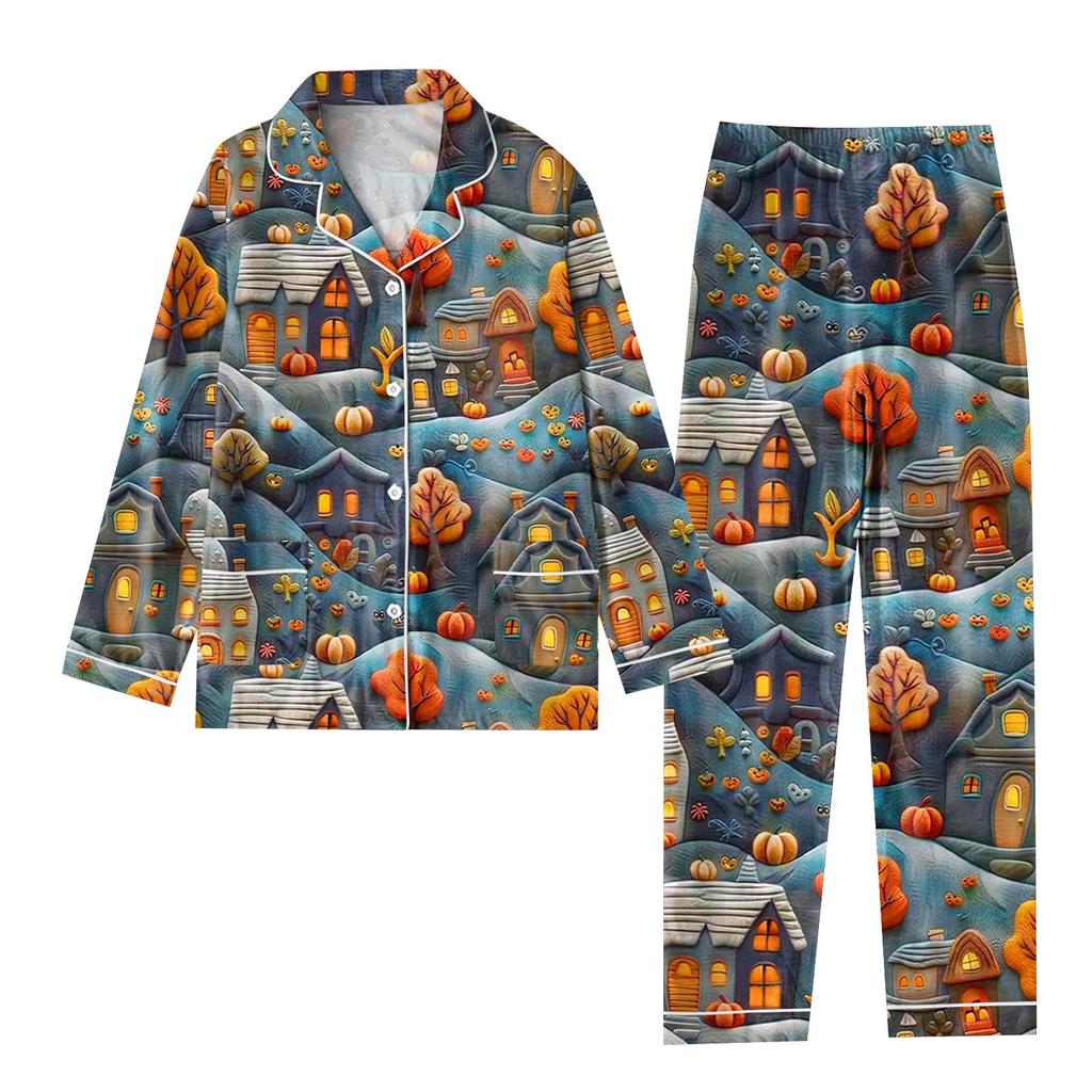 2-teiliger bedruckter Damen-Anzug, langärmelig, Oberteil mit Knopfleiste, weite Hosen, Anzug-Set, Schlafanzug, Home-Casual-Anzug