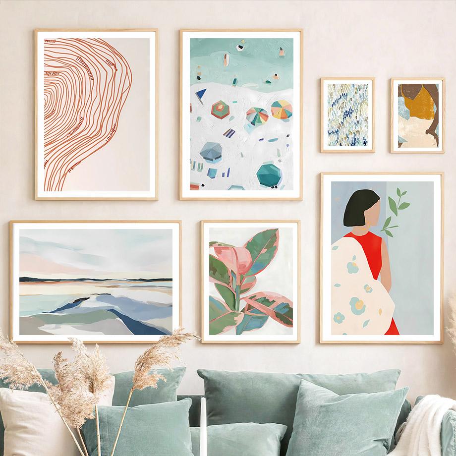 Boho Abstract Girl Sea Beach Leaf Illustration Wall Art Canvas Painting Nordic Poster And Prints Pictures For Living Room Decor