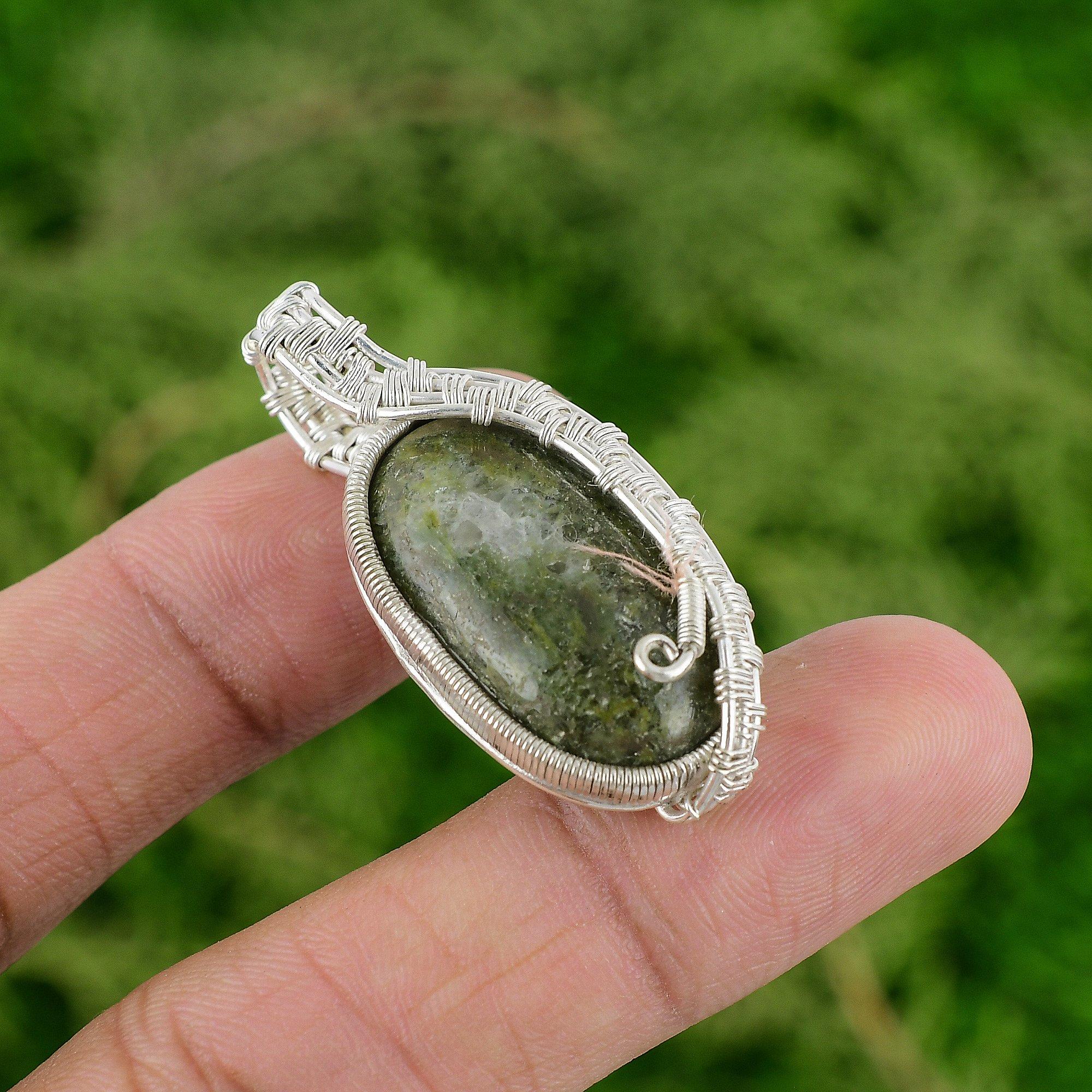 

Oval Natural Unakite 925 Silver Bezel Daughter Wedding Wire Wrap Pendant Jewelry
