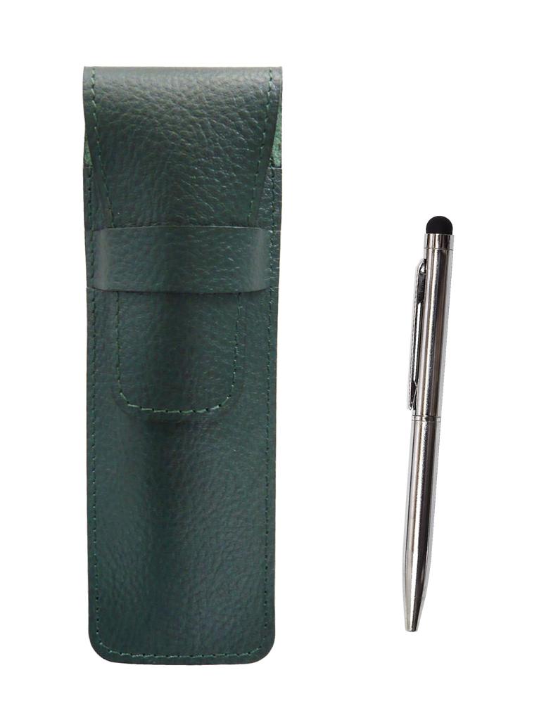 Grained Leather Pencil Case Moss Green Smartphone Touch Short Metal Rotary Ballpoint Pen Set SASMG-9A094A