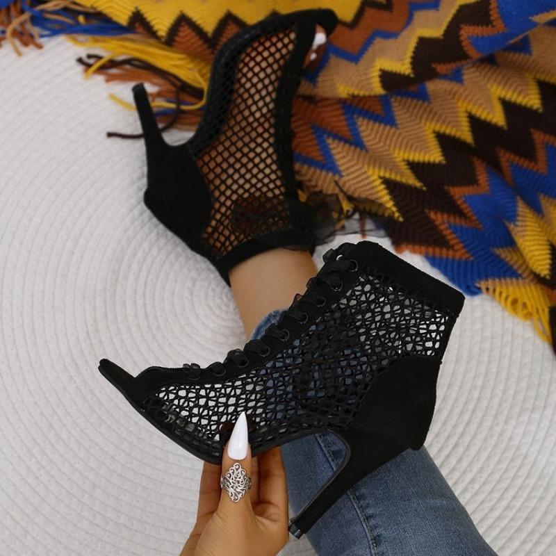 Women's Fashion Stiletto Sandals Summer New Round Head Front Lacing Net Fabric Hollow-out Anti-slip Wear-resistant High Heels