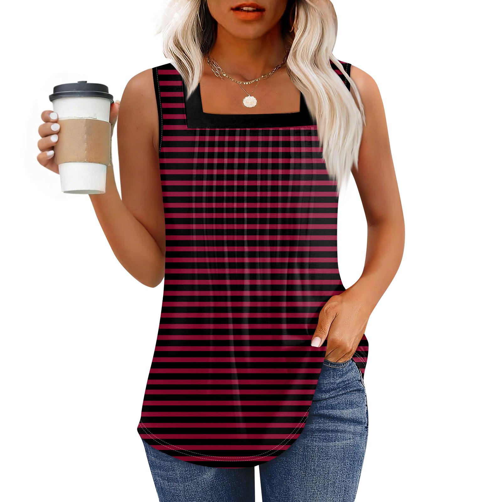 

Майка для женщин Летние наряды Без рукавов Блузки с принтом Повседневные свободные рубашки Плиссированные квадратные вырезы XL винный