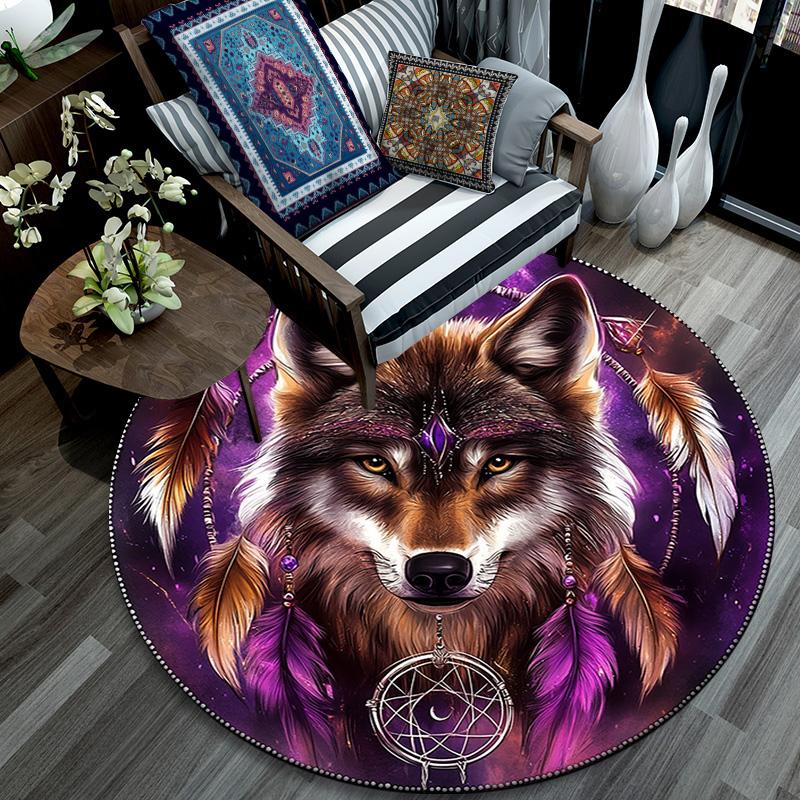 Wolf Dreamcatcher Round Area Rug,Carpet Rug for Living Room Bedroom Sofa Playroom Decor,Non-slip Floor Mat