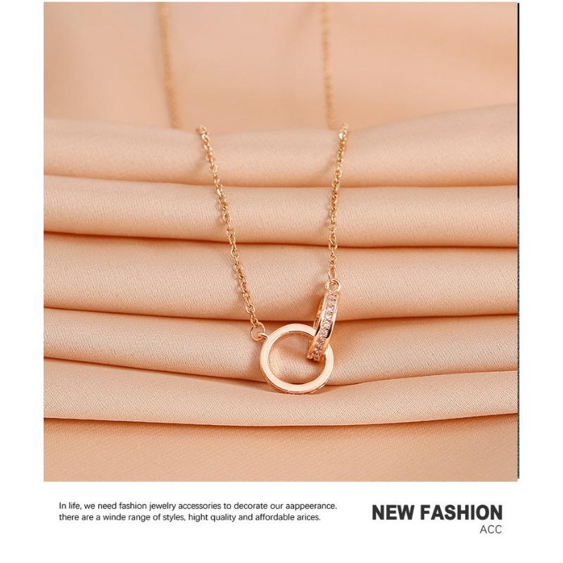 Korean Style Double Ring Full Diamond Titanium Steel Necklace Women Clavicle Chain