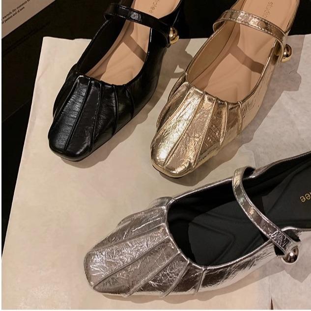 Grape mother of the same style, temperament small square head folds, word with shallow mouth Mary Jane single shoes bag head half drag sandals women