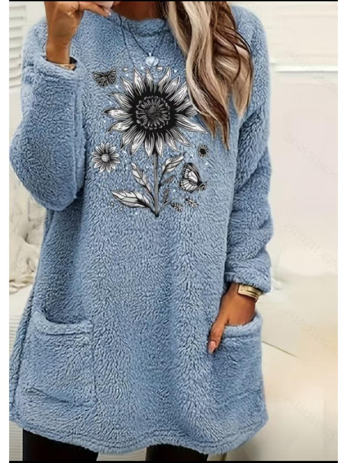 

Женский флисовый свитшот с принтом подсолнухов, круглым вырезом, длинными рукавами, с карманами - Коллекция Осень/Зима 2025. 2XL синий