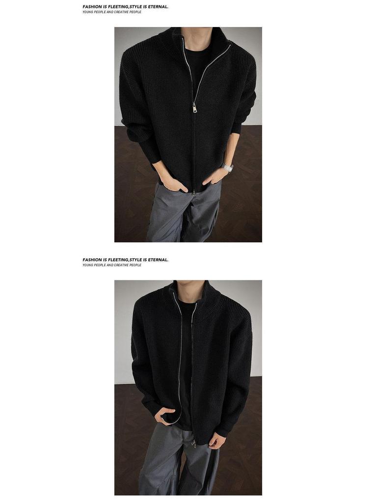 Men's Autumn Knit Cardigan - Loose Casual Stand Collar Jacket with Long Sleeves and Half High Collar Zipper.
