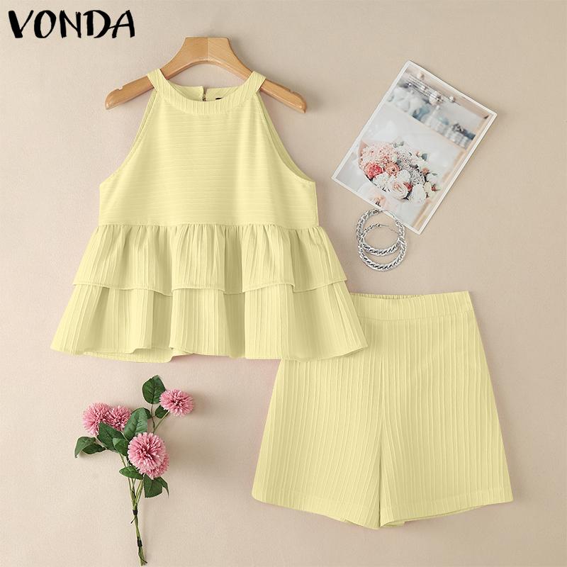 VONDA 2PCS Women Sets Sleeveless Ruffled Tanks and Elastic Waist Shorts Texture Outfits