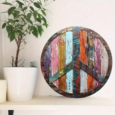 Arte de Pared Metálico con Símbolo de Paz Vintage Redondo de 8 Pulgadas Decoración Floral Hippie Resistente a los Arañazos