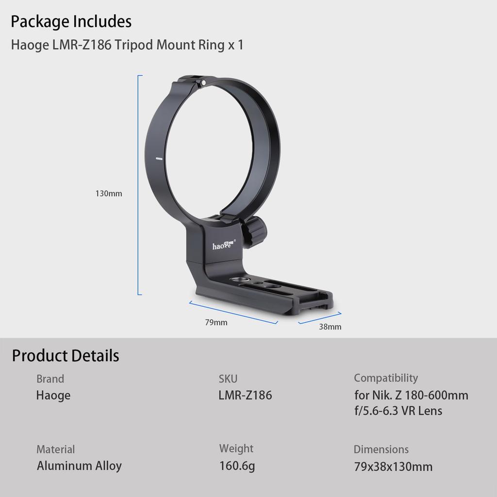 Haoge LMR-Z186 Lens Color Nikon Nikkor Z 180-600mm f/5.6-6.3 VR Lens Tripod Mount Ring with Built-in Arca-Type Quick Release Plate