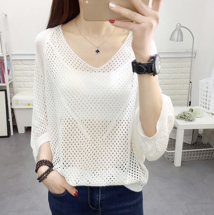 Summer Hollow Short-sleeved Bat Shirt Loose Knit Top V-neck Solid Color Plus Size Blouse
