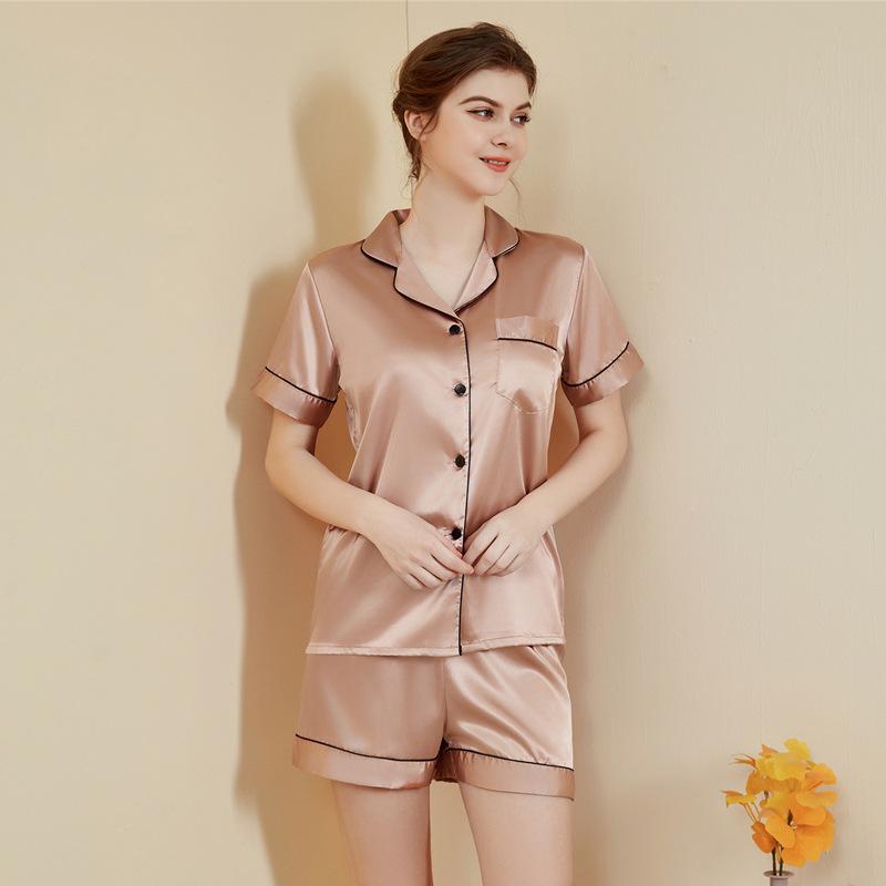 Women's Summer Short Sleeve Pajama Set - Solid Color, Casual Lapel Style