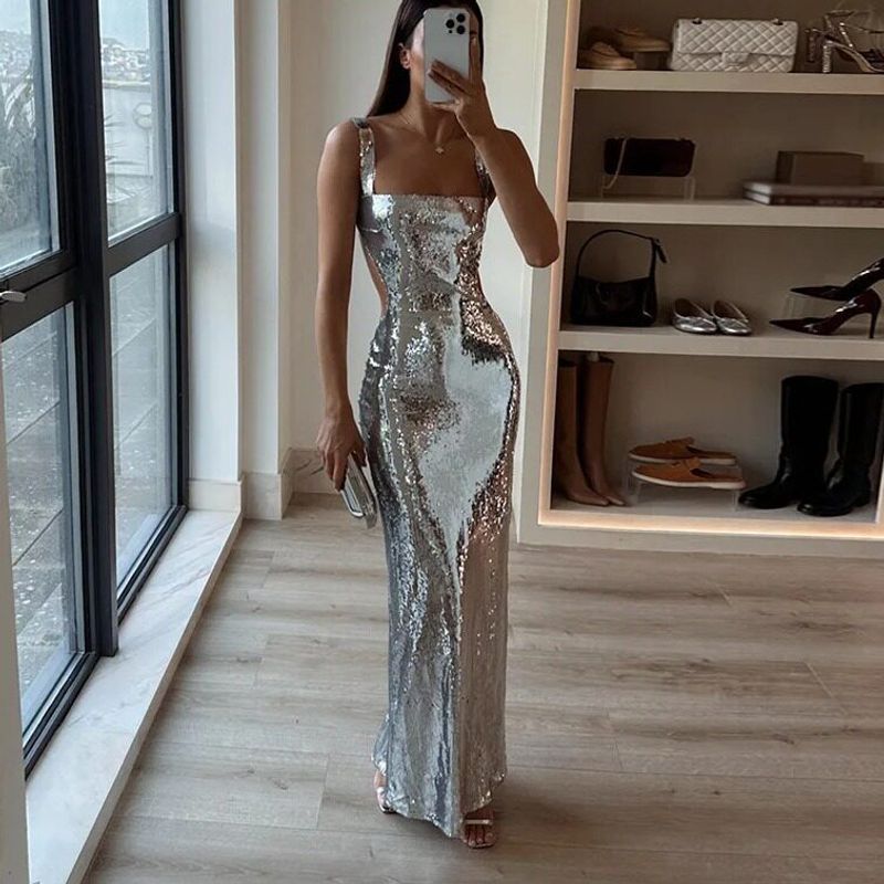Cross-Border European and American Fashion Hot-Selling Style: Spaghetti Strap Backless Sequin Long Dress