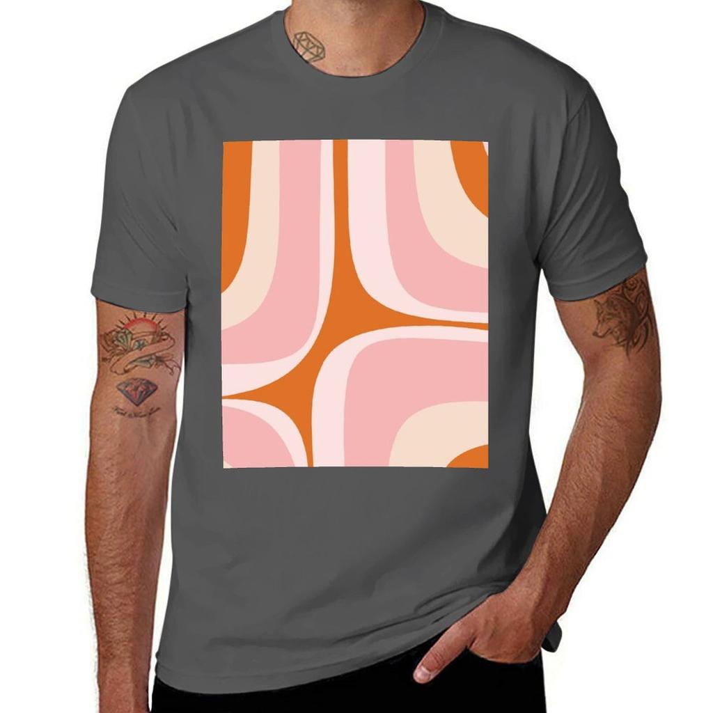 Retro Groove Pink And Orange Minimalist Abstract Tshirt Graphic Print Short Sleeve Tshirt