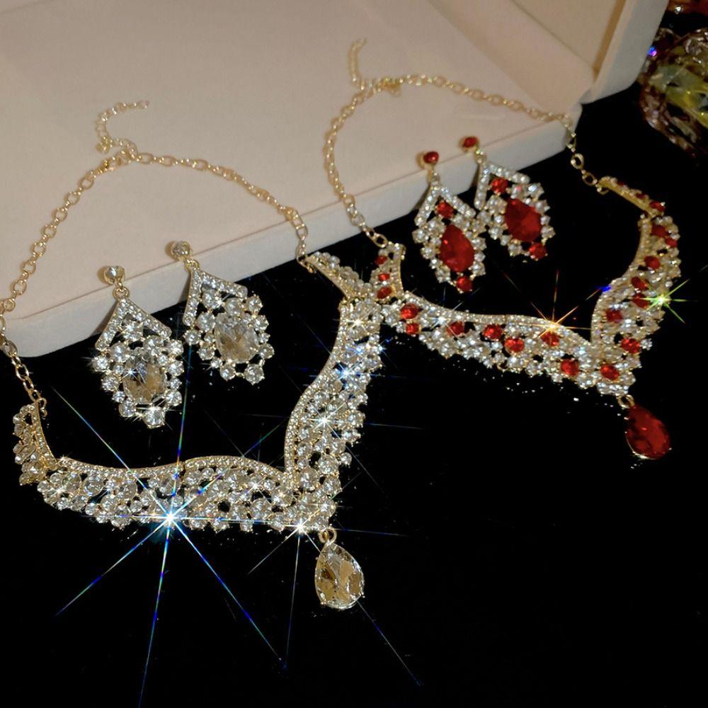Baroque Style Bridal Jewelry Set Rhinestone Pearl Necklace Water Drop Necklace Earring Set  Girls