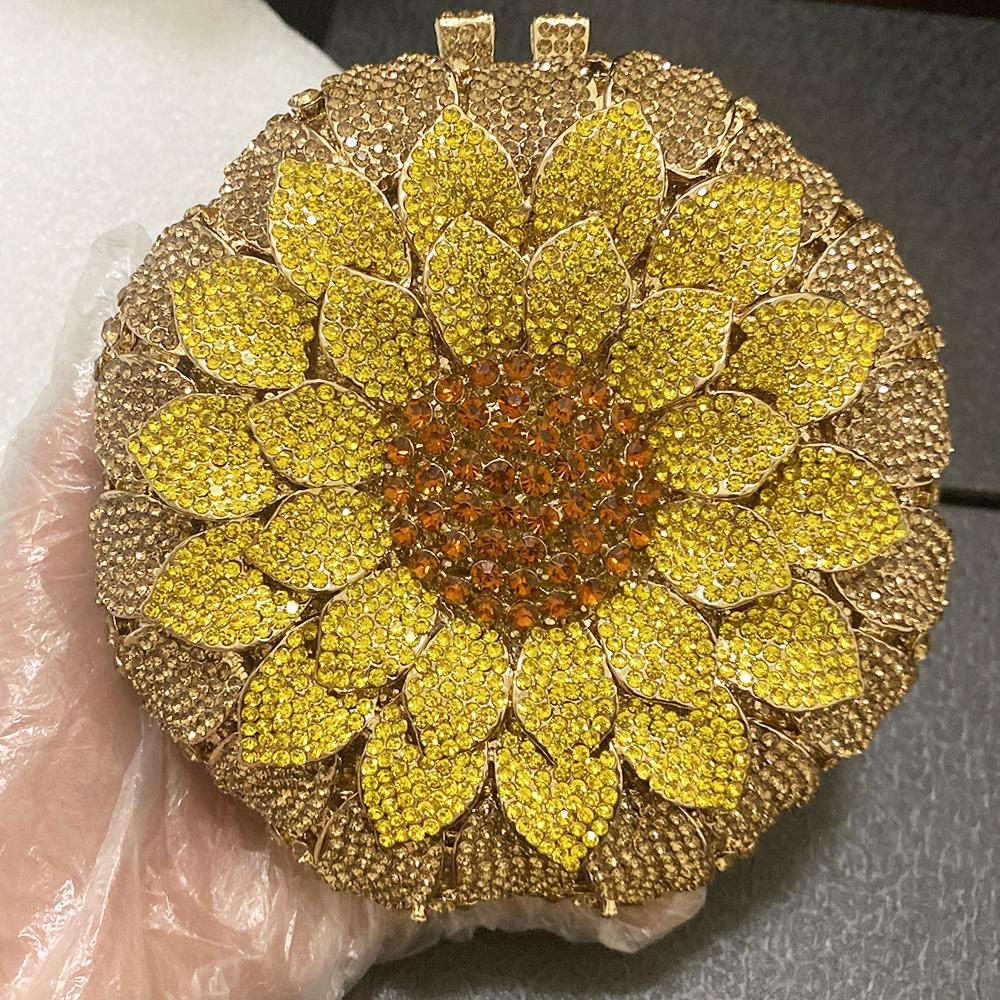 Gold/Yellow Sunflower Clutch Crystal Round Evening Bags Women Wedding Purse Bridal Bags Party Dazzling Diamond Handbags Minaudie