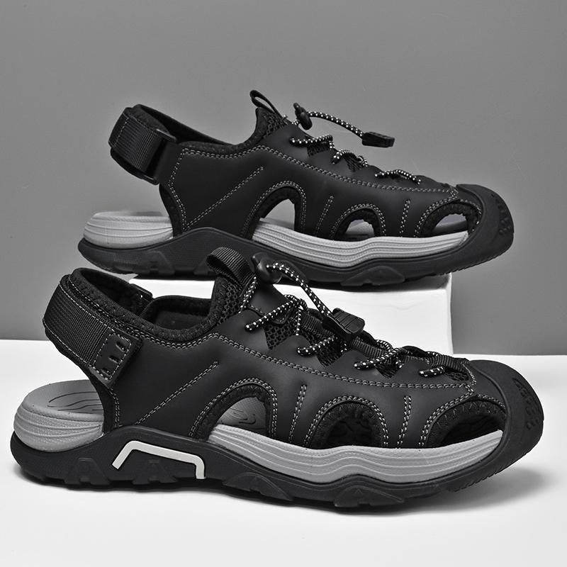 2025New Summer Outdoor Beach Breathable Casual Leather Shoes Italian Men Antiskid Round Toe Flat Designer Walking Sandal