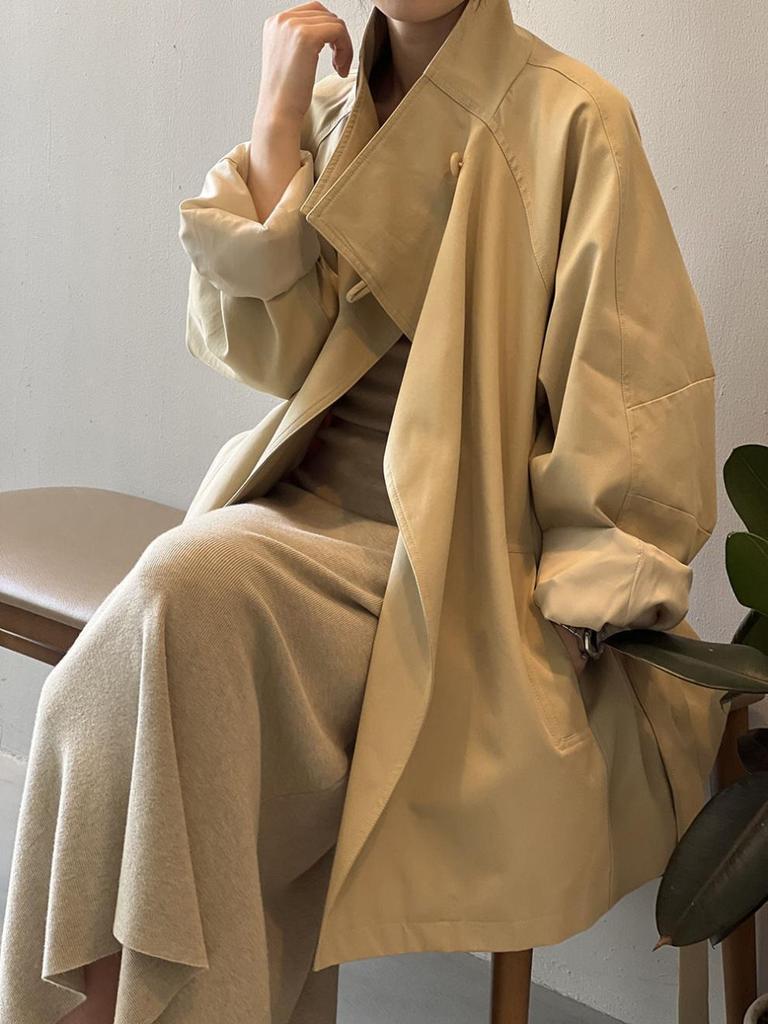 Women's British Style Retro Trench Coat with Stand-Up Collar - Tie Waist, Mid-Length, Petite Fit, Loose Outerwear for Spring & Autumn.