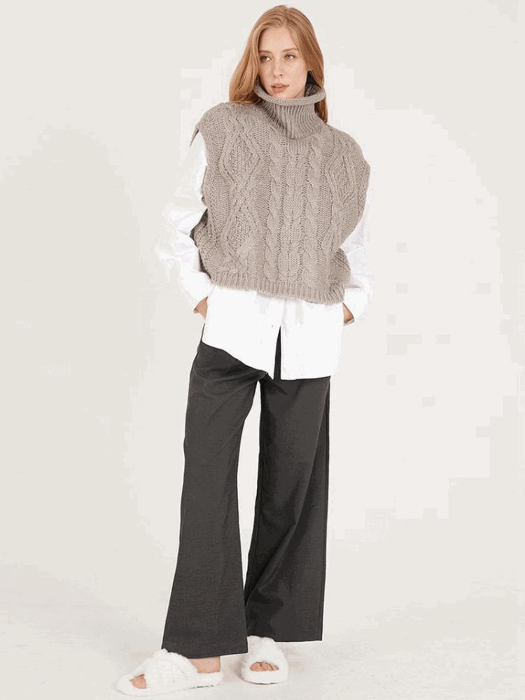 Podzim Zima Móda Dámské Svetry s copánkovým vzorem Vesta Ležérní Bez rukávů Rolák Volný Pulovr Zkrácené Topíky Teplé Pletené Oblečení