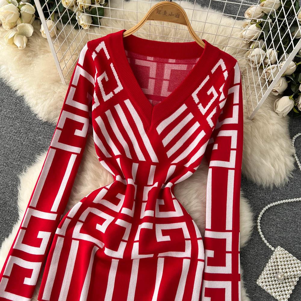 Spring Autumn V-neck Geometry Pattern Knitted Sweater Dresses Women Full Sleeve Mini Slim Bodycon Pencil Dress