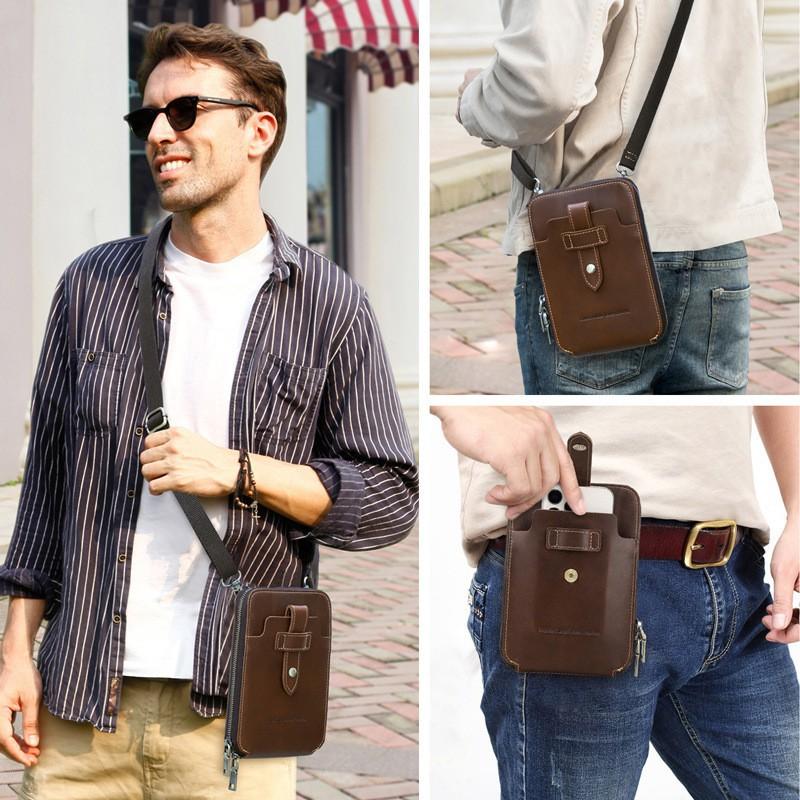 Retro Top Layer Cowhide Fashionable Large Screen Mobile Waist Bag Multifunctional Genuine Leather Men's Shoulder Crossbody