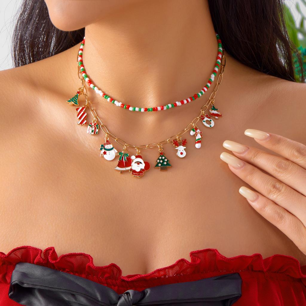 Trendy Christmas Handmade Beads Double Layer Necklace for Women Delicate Party Jewelry Festival Santa Claus Polymer Clay Gift