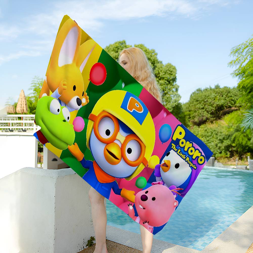 Asciugamano da Spiaggia Stampato in Microfibra Carino Cartoon P-Pororo per Alpinismo Yoga Spiaggia Nuoto Corsa Asciugamano Morbido Assorbente