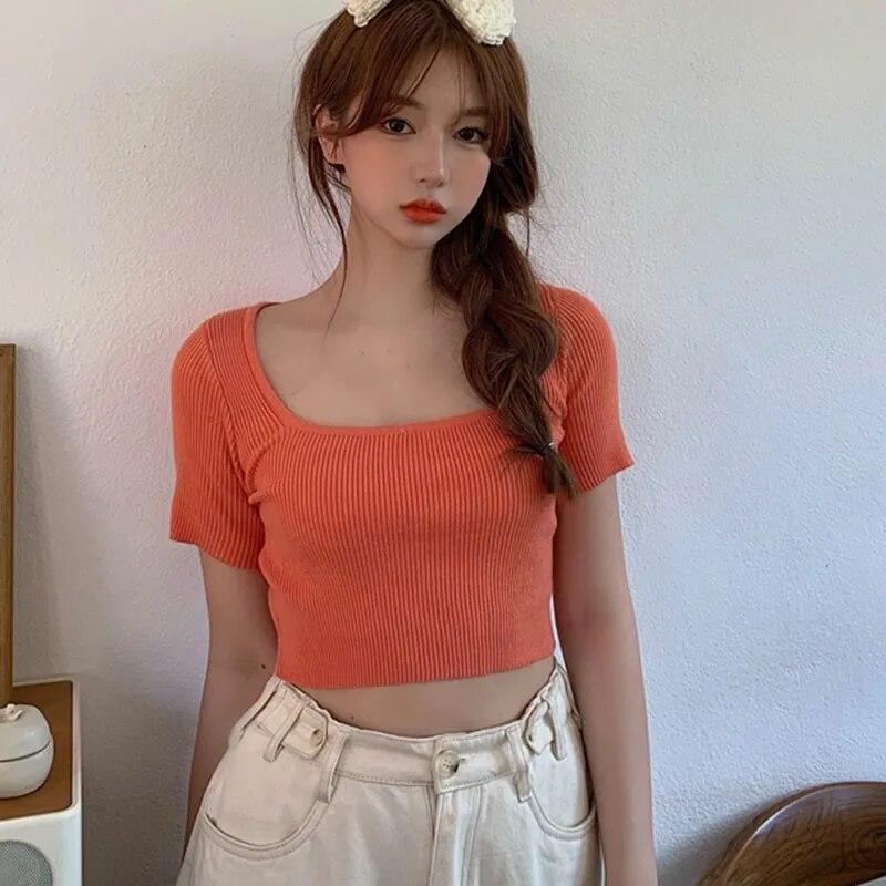 Women's Korean Square Collar Solid Short Sleeve Knitted Slim Pullover T-Shirt