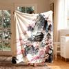 [2D FLAT PRINTING] 1pc Ink Wash Landscape with Cherry Blossoms and Ancient-Style Pavilion Themed Flannel Blanket - Large Size, Soft, Lightweight, and 