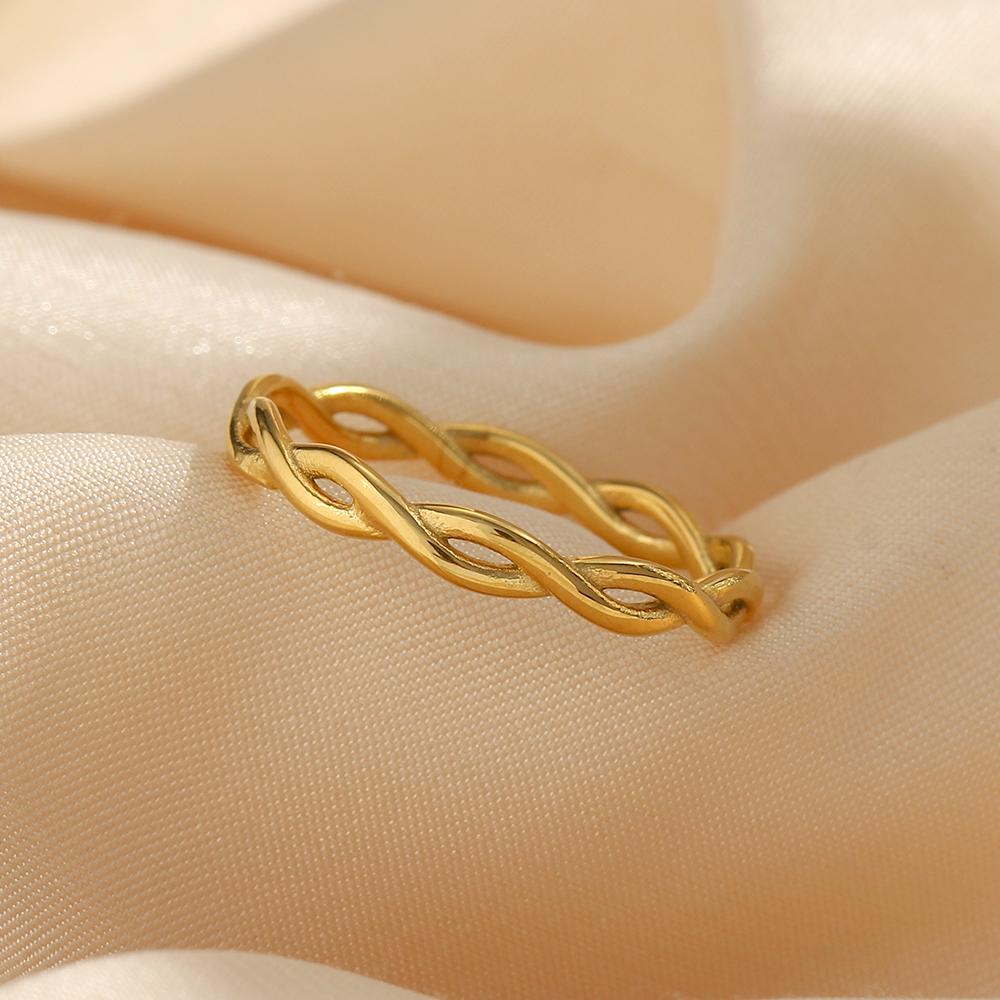 E.B.belle Super Minimalist Braided Twisted Thin Gold Rings For Lady Waterproof Stainless Steel 18K Gold Plated Girl's Ring