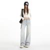 Autumn and Winter New Paris Buckle Ice Blue Bamboo Texture Jeans Women's American Flip Straight Wide-leg Pants