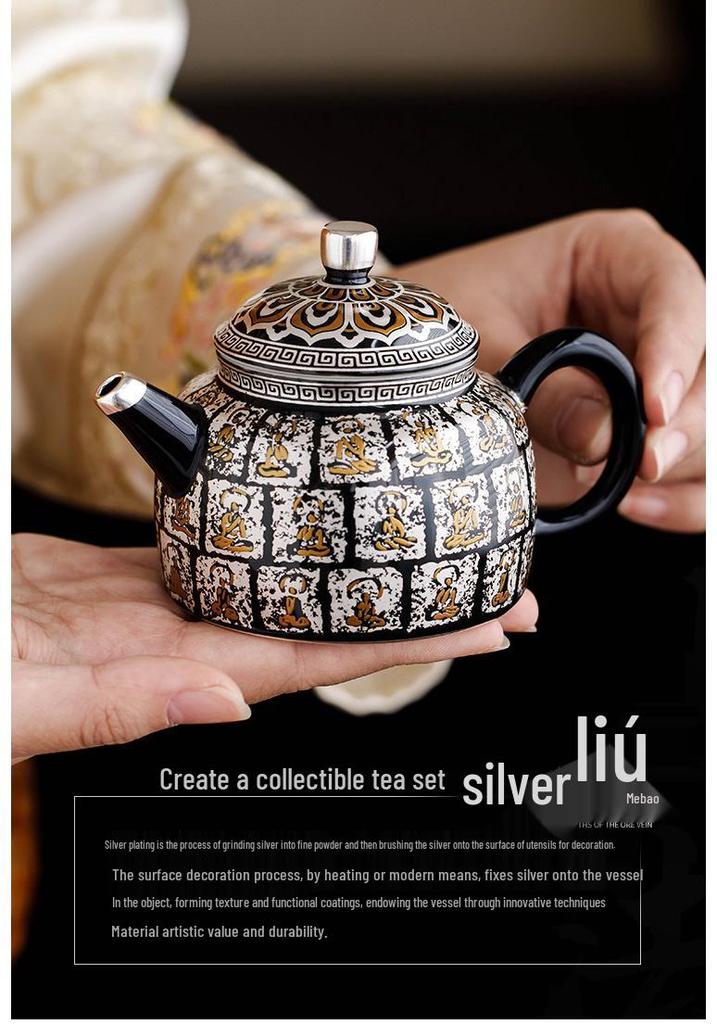 Sterling Silver Dunhuang Ten Thousand Buddhas Tea Set: Luxury Gift Box for New Year, Birthdays & Elders