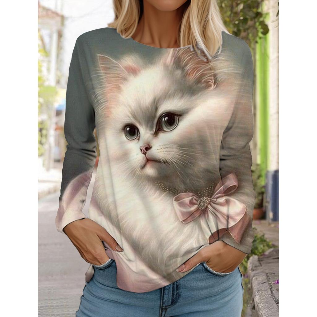 2025 Autumn and Winter Women's Long Sleeve 3D Printed Cute Cat T-Shirt, Streetwear, Round Neck Long Sleeve