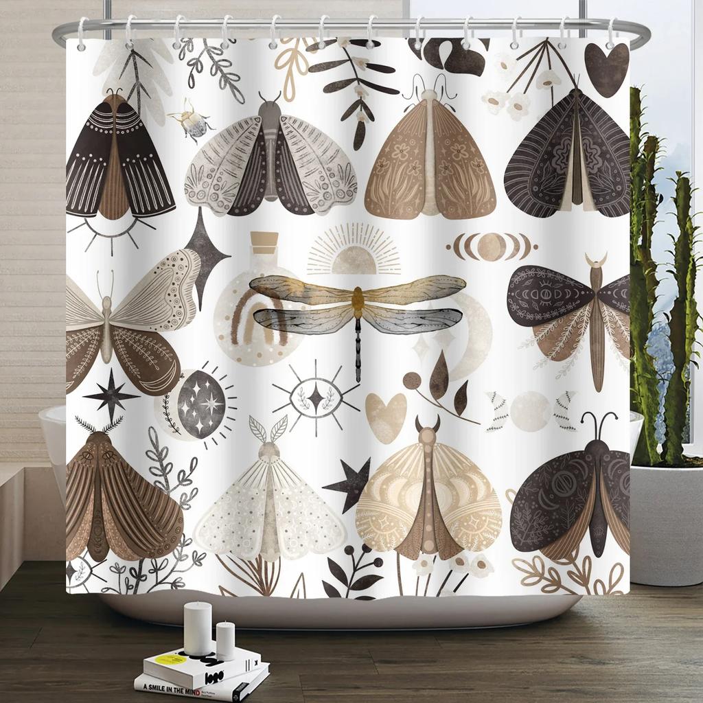 Moth Shower Curtain Moon Phase Butterfly Mushroom Psychedelic Tarot Gothic Shower Curtain for Bathroom Waterproof Bath Curtain